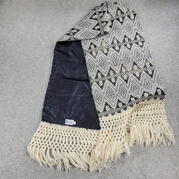 VINTAGE Mexican Rebozo 85" Black White Handmade Shawl Wrap Scarf RARE 60s 70S - Picture 9 of 16